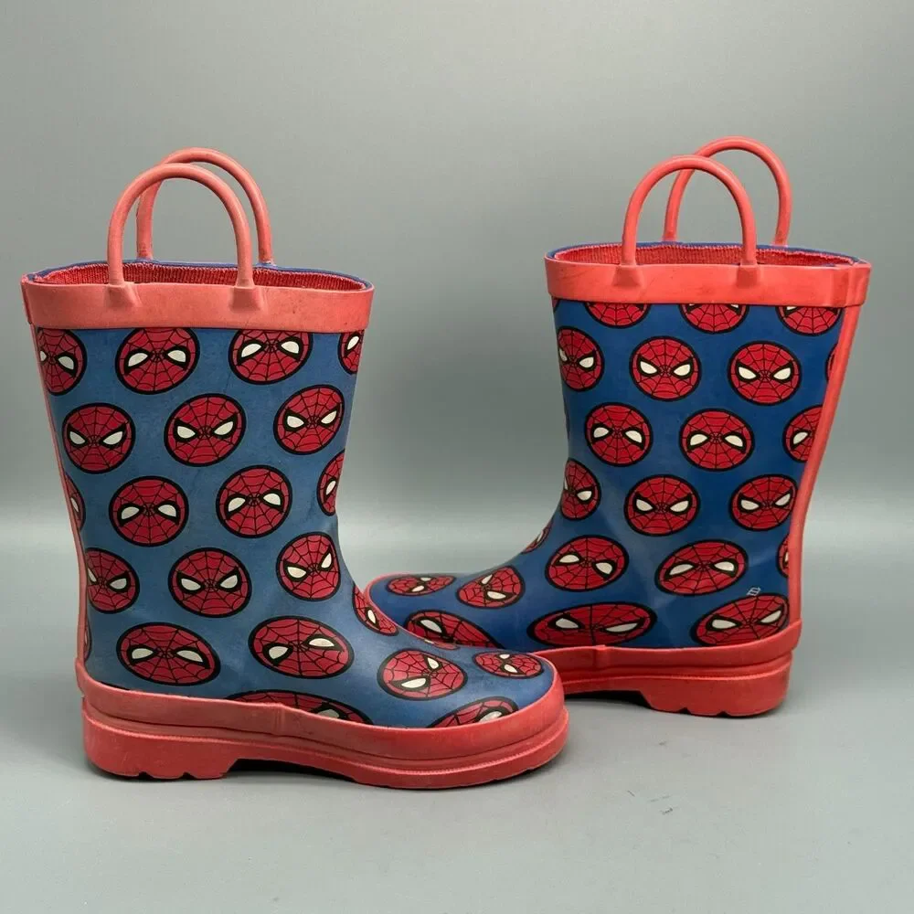 Disney Marvel Spiderman Kids 11 Red Blue Rubber Rain Boots Pull On Waterproof